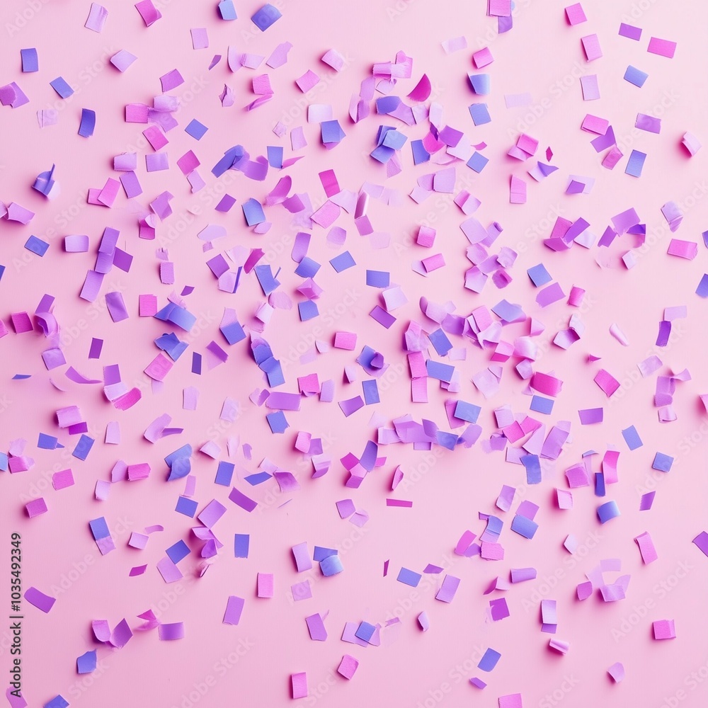 Scattered pink and purple confetti pieces on a pastel background, creating a playful and festive celebration atmosphere Scattered pink and purple confetti pieces on a pastel background, creating a playful and festive celebration atmosphere