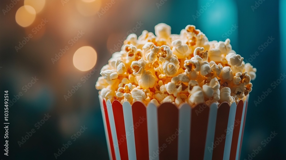 Close-up of popcorn in a red and white striped box with a cinematic bokeh background, highlighting movie snack atmosphere Close-up of popcorn in a red and white striped box with a cinematic bokeh background, highlighting movie snack atmosphere
