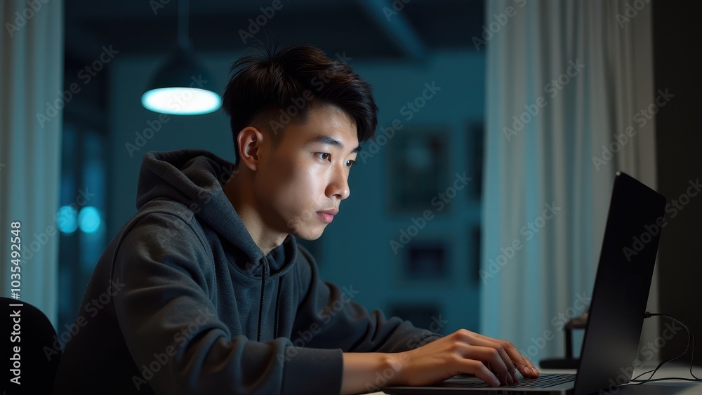 Focused Young Man Working Late at Night on Laptop Focused Young Man Working Late at Night on Laptop