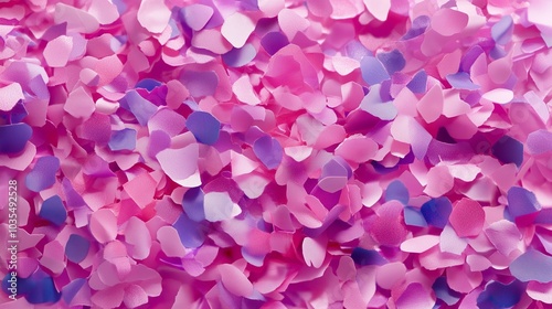 Scattered pink and purple confetti petals creating a vibrant and festive texture for celebrations and parties