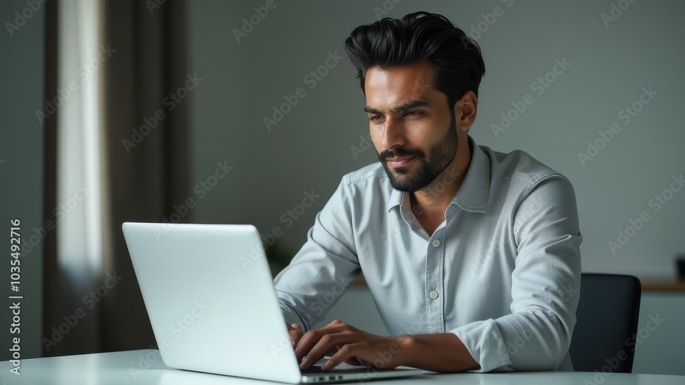 Focused Young Professional Working on a Laptop in Modern Office Focused Young Professional Working on a Laptop in Modern Office