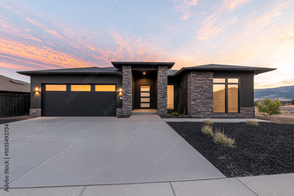 Fototapeta premium Modern single-story home with stone facade and sunset in the background in a suburban setting