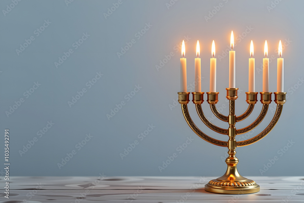 Menorah with lit candles on table against gray background for Hanukkah celebration with copy space Menorah with lit candles on table against gray background for Hanukkah celebration with copy space