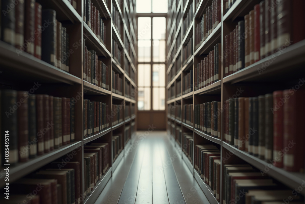 Narrow library hallway with bookshelves full of books Narrow library hallway with bookshelves full of books