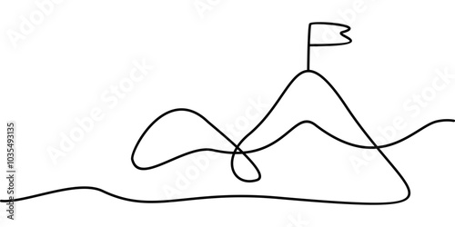 continuous line drawing of mountain peak symbol with flag. abstract line art illustration symbolizing a mission or goal