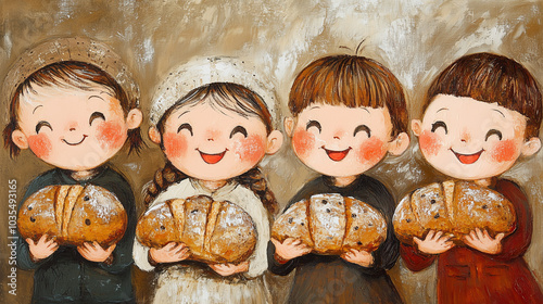 Joyful children happily holding freshly baked bread in a warm, inviting setting capturing the essence of friendship and sharing