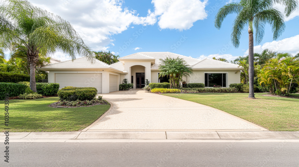 Elegant residential house with palm trees and lush landscaping on a sunny day Elegant residential house with palm trees and lush landscaping on a sunny day