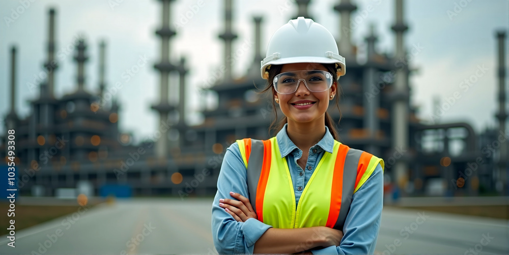 A female employee working with self-confidence in  construction, heavy industry or production