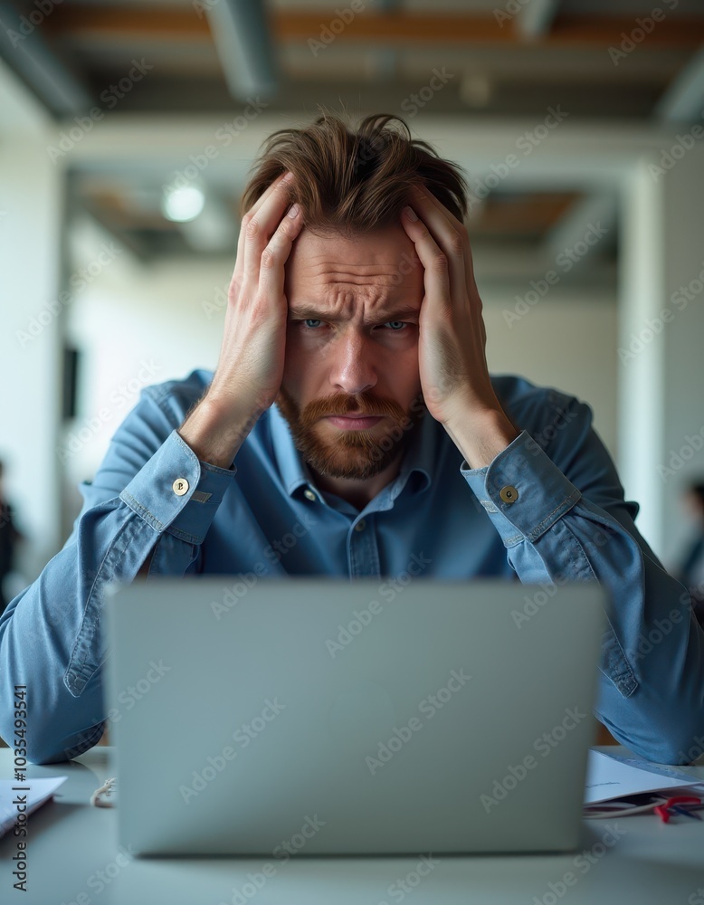Anxious Young Man with Laptop at Work Anxious Young Man with Laptop at Work