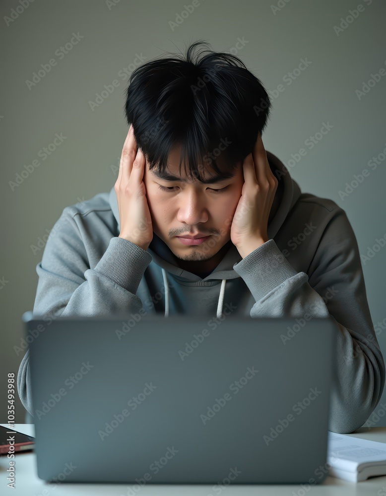 Stressed Man Working on Laptop at Home Stressed Man Working on Laptop at Home