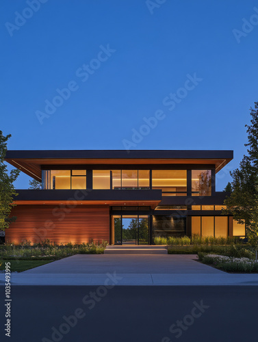 Modern residential architecture with warm lighting and lush surroundings during twilight hours