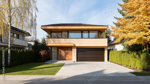 Modern two-story house with a minimalist design and autumn foliage in a suburban neighborhood