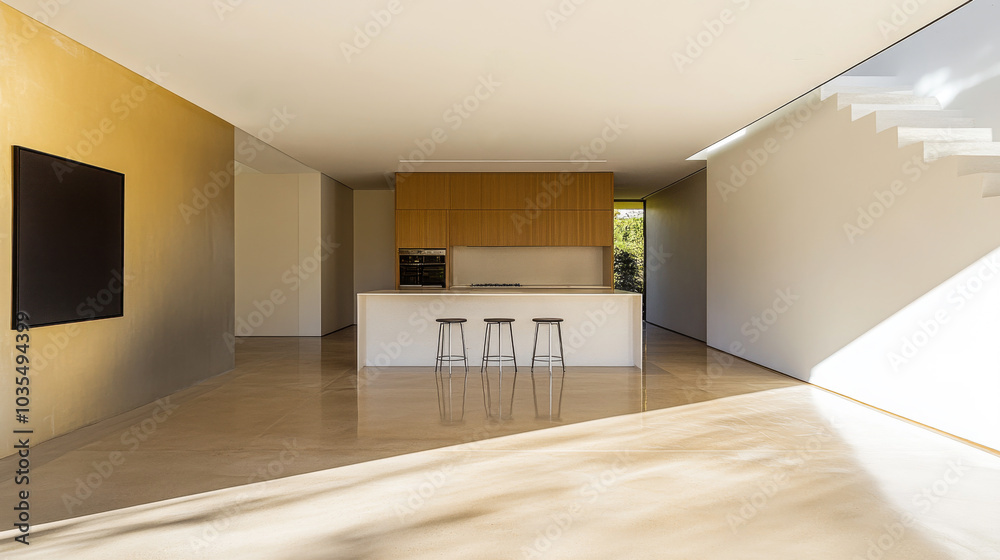 Fototapeta premium Modern kitchen design featuring minimalist decor and natural light in a spacious open-plan layout