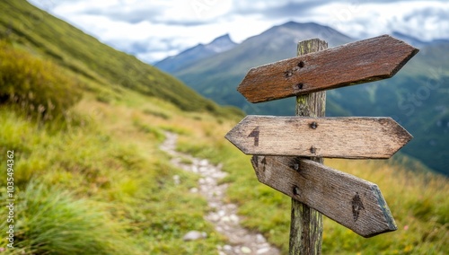 Wooden signs pointing in different directions on the path to the mountains, representing multiple route options for adventure travel and the journey of life concept.