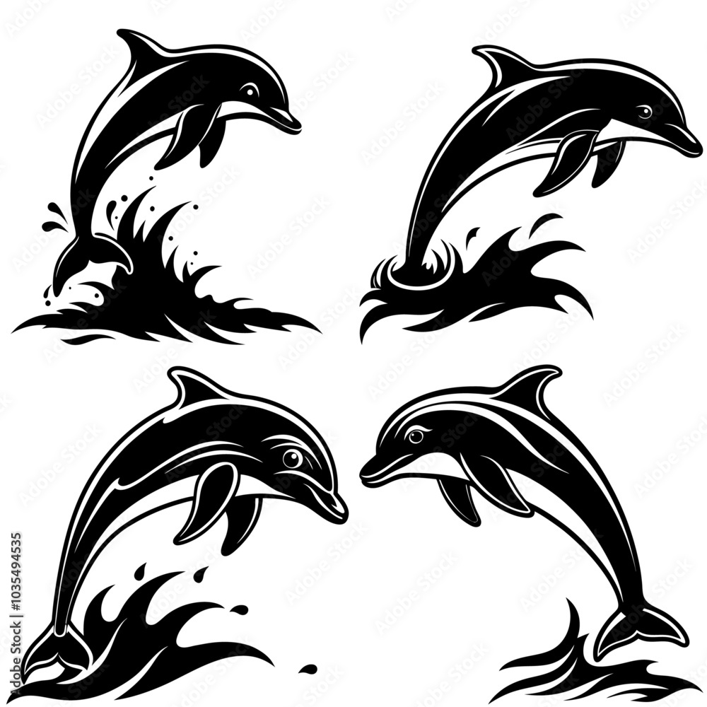 Naklejka premium Dolphin Silhouette illustration in black and white 