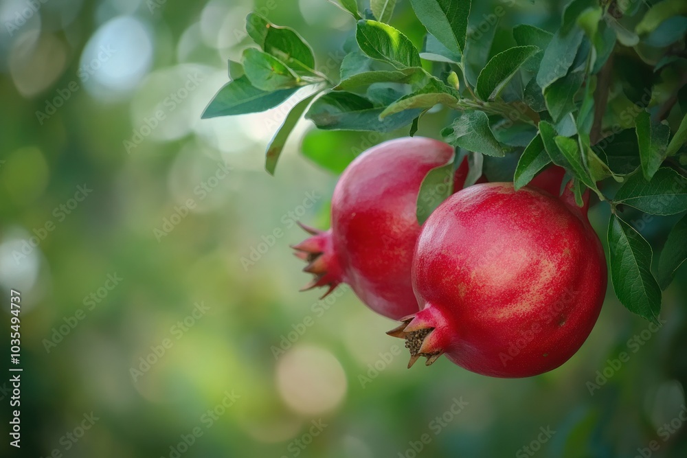 Fresh Pomegranates Hanging on Lush Green Tree Fresh Pomegranates Hanging on Lush Green Tree