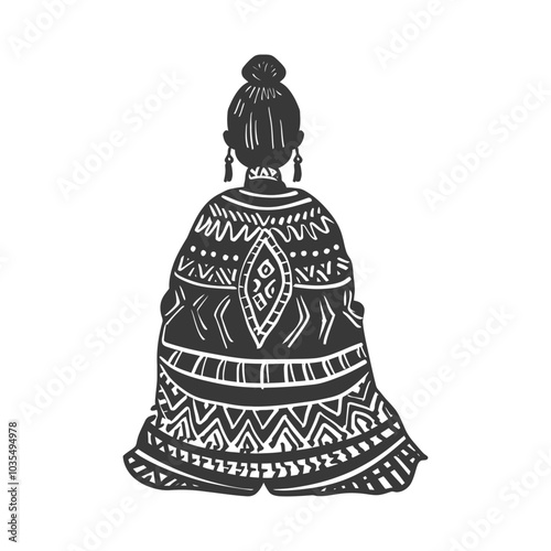 Woman in a patterned shawl with a bun