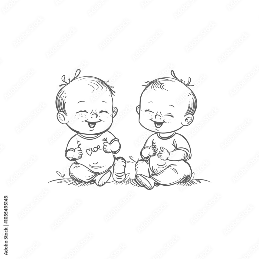 Two Smiling Babies Sitting on the Ground in a Sketch Style Two Smiling Babies Sitting on the Ground in a Sketch Style