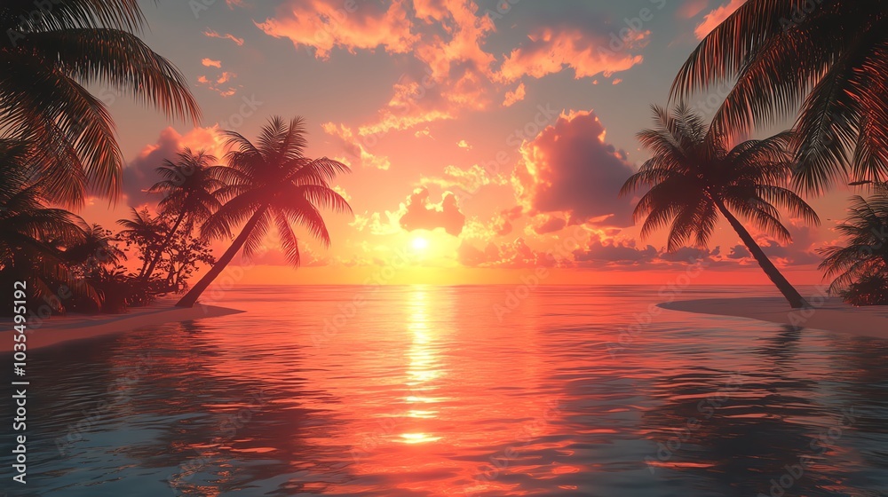Tropical sunset over calm waters with palm trees silhouette Tropical sunset over calm waters with palm trees silhouette