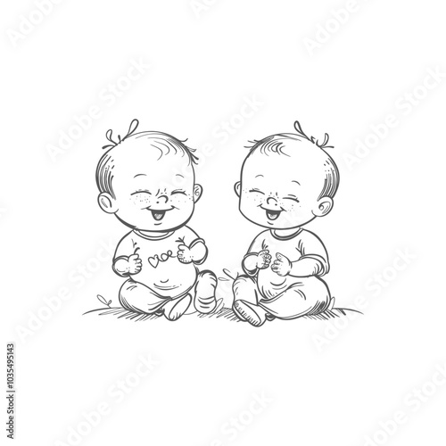 Two Smiling Babies Sitting on the Ground in a Sketch Style