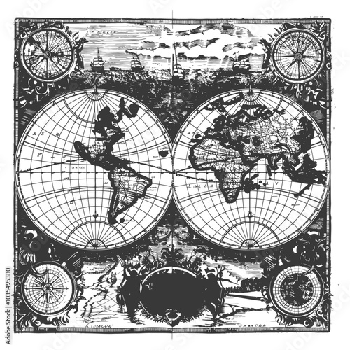 Vintage World Map Illustration with Compass and Ship Silhouettes