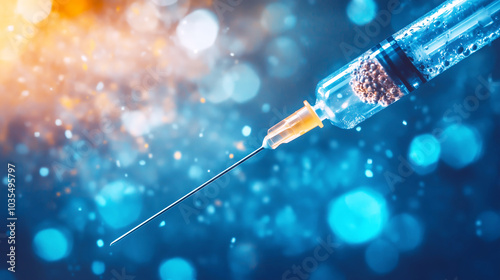 Syringe with liquid on a vibrant blue background highlighting medical innovation