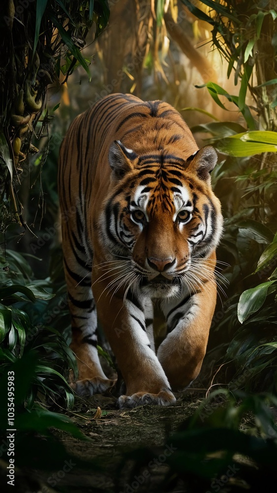 Fototapeta premium Stealth Bengal tiger jungle wildlife predator orange coat piercing eyes dense forest powerful stance