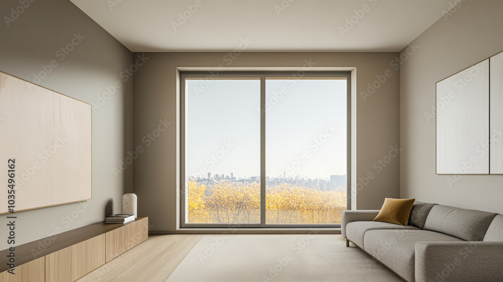 Fototapeta premium Modern living room with large windows showcasing autumn cityscape outside