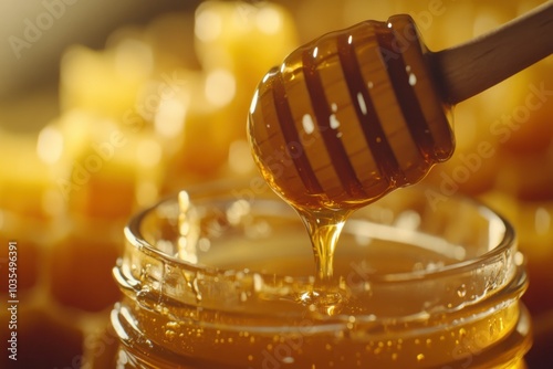 Dripping Fresh Honey from Wooden Dipper photo