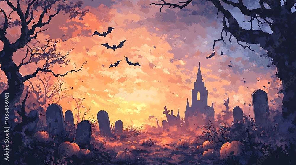 Chilling Halloween backdrop featuring a graveyard with pumpkins and bats circling overhead. Chilling Halloween backdrop featuring a graveyard with pumpkins and bats circling overhead.
