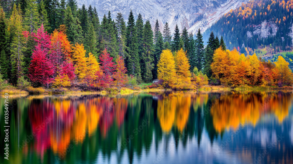 Obraz premium A colorful autumn landscape featuring a variety of trees with colorful leaves reflecting in a calm lake.