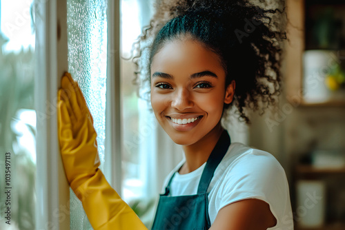 Jeune femme afro-américaine lavant les vitres en intérieur photo