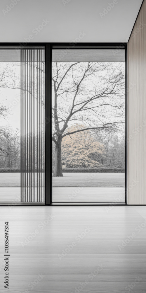 Modern interior space with large windows showcasing a winter landscape outside Modern interior space with large windows showcasing a winter landscape outside