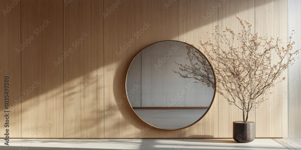 Elegant interior design featuring a round mirror and a decorative plant in natural light Elegant interior design featuring a round mirror and a decorative plant in natural light