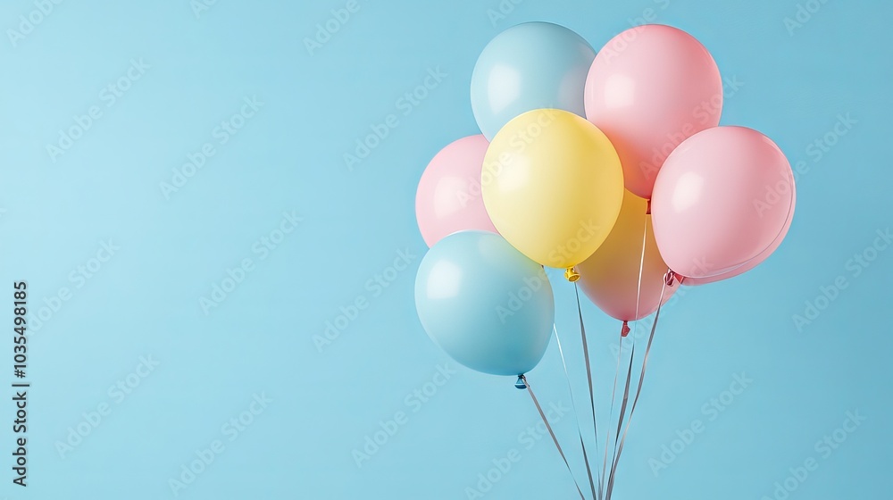 Bunch of balloons on light blue background with space for text - ideal for greeting cards, celebrations, and party invitations Bunch of balloons on light blue background with space for text - ideal for greeting cards, celebrations, and party invitations