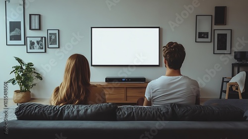 A couple is sitting on a couch, watching a blank TV screen.

