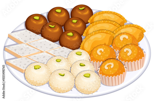 Indian Sweets Plate with Gulab Jamun, Kaju Katli, Gujiya, Rasgullas and Motichoor Laddus - Side View Detailed Illustration. Traditional Asian Celebratory Mithai 