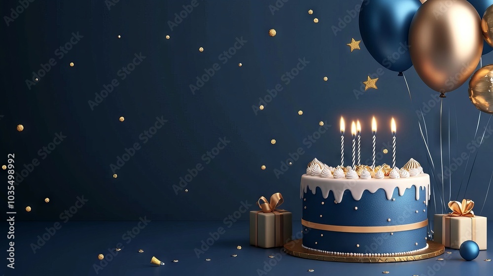 Blue and golden happy birthday cake invitation card banner background with balloons, candle, and gift box - perfect for celebrations, party invitations, and festive event designs