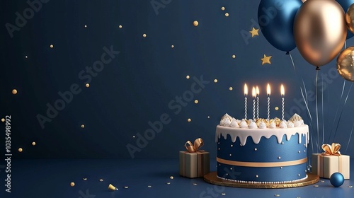 Obraz na płótnie Blue and golden happy birthday cake invitation card banner background with balloons, candle, and gift box - perfect for celebrations, party invitations, and festive event designs w salonie