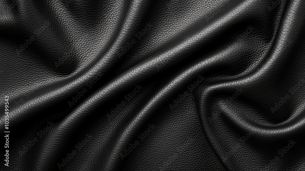 Black textured leather fabric, soft and elegant folds, white isolated background