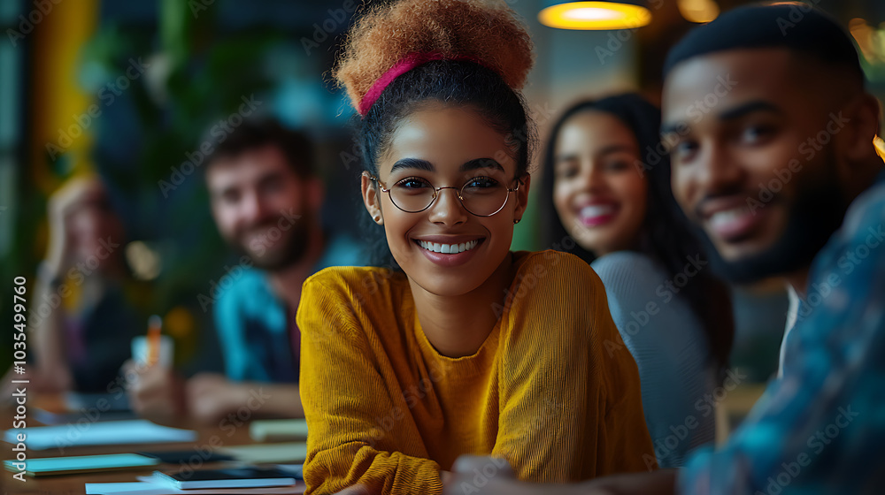 Fototapeta premium A group of people are sitting around a table, one of whom is smiling