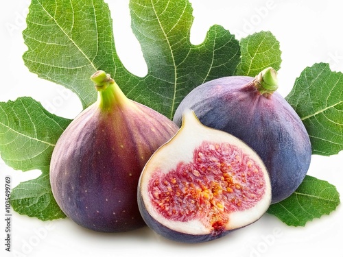 Fig fruits (Ficus carica) with fig leaves and slices of fig isolated on a White background. photo