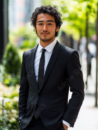 street business portrait of a man in 30 years old, half japan half french type, he is posing in business pose, trustable photo