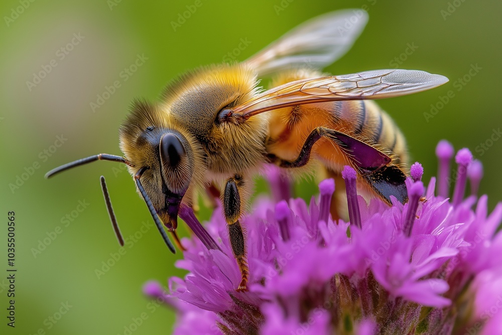 This close-up showcases a honeybee busily collecting nectar from a colorful wildflower, highlighting the important role of pollinators in nature. Generative AI This close-up showcases a honeybee busily collecting nectar from a colorful wildflower, highlighting the important role of pollinators in nature. Generative AI