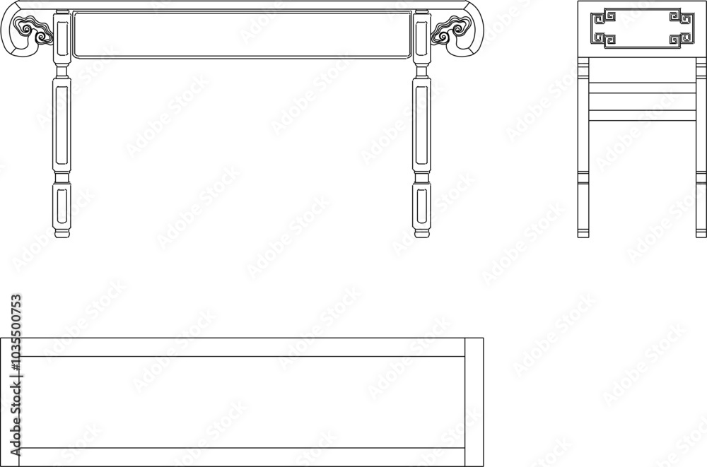 Vector sketch illustration of the silhouette of a long dining table design with classic vintage ethnic traditional decor ornaments Vector sketch illustration of the silhouette of a long dining table design with classic vintage ethnic traditional decor ornaments