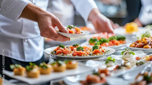 In a restaurant, waitstaff members prepare food for a buffet table. The caterer sets up a spread of appetisers on a table for service. expertly catered event with a focus on diversity and appearance.