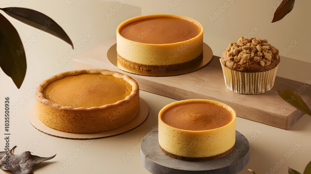 Modern minimalistic photo of gourmet pumpkin pie, cheesecake, and muffin with leaves Modern minimalistic photo of gourmet pumpkin pie, cheesecake, and muffin with leaves