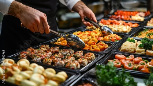 In a restaurant, waitstaff members prepare food for a buffet table. The caterer sets up a spread of appetisers on a table for service. expertly catered event with a focus on diversity and appearance.