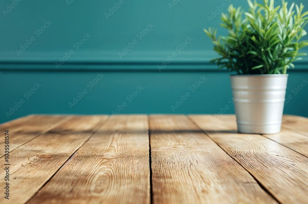 Empty wooden table with a potted plant, showcasing a rustic yet elegant setting against a turquoise backdrop Empty wooden table with a potted plant, showcasing a rustic yet elegant setting against a turquoise backdrop