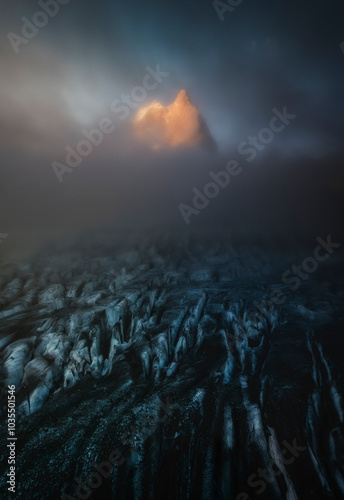 View of majestic Glacier Blanc surrounded by rugged mountains and mystical fog, Vallouise, France. photo